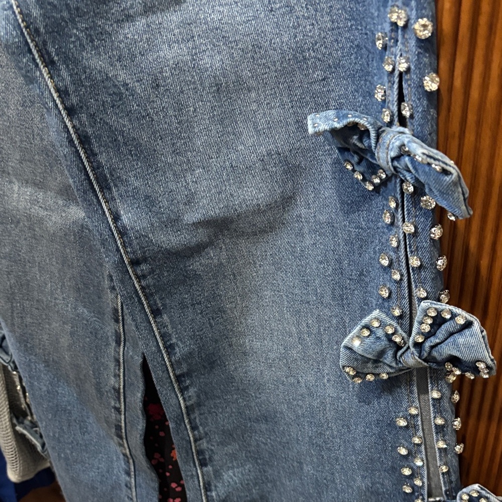 Blue Straight-Leg Jeans with Side Bow and Stud Detail